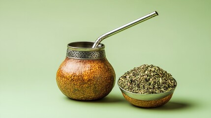 Lovely mate tea in&nbsp;classic calabash gourd with herbs over metal straw over&nbsp;pale&nbsp;green&nbsp;setting&nbsp;depicting&nbsp;herbal&nbsp;remedies&nbsp;and&nbsp;safe, Generative AI.