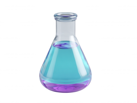 Clear glass Erlenmeyer flask filled with vibrant blue and purple liquid sits isolated on a white background in a chemistry laboratory for experiments.