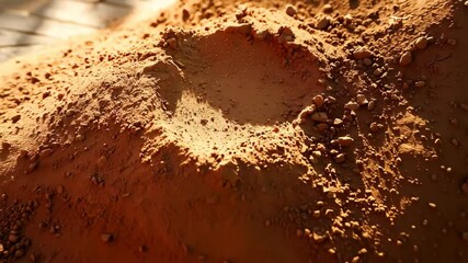 Close-up aerial footage of textured reddish-brown sand pile with small rocks and depression bathed in bright sunlight, highlighting texture and detail - Powered by Adobe