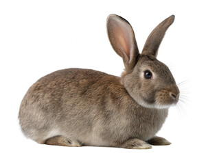 Fototapeta premium A charming brown rabbit rests comfortably, its soft fur and delicate whiskers highlighted against a bright white background, creating a captivating animal portrait.