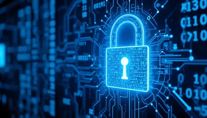 A stylized, glowing digital padlock, composed of binary code and circuit board patterns, sits on a surface reflecting a similar digital landscape, symbolizing cybersecurity or data protection. 16:9
