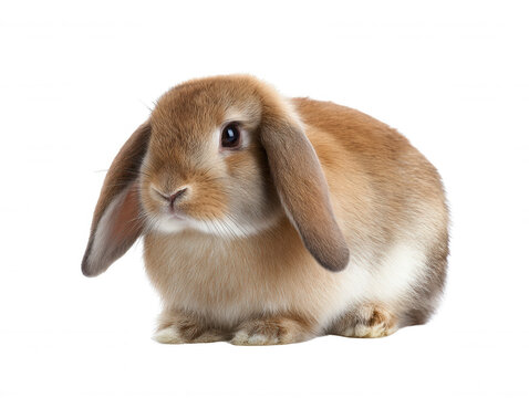 A cute brown lop-eared rabbit sits against a plain white backdrop, its soft fur and expressive eyes creating an endea and heartwarming animal portrait shot. - Powered by Adobe
