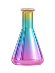 An iridescent glass Erlenmeyer flask with a rainbow gradient reflecting light stands pristine against a clean white backdrop symbolizing laboratory equipment use.