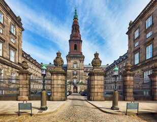 Copenhagen, Denmark with Christianborg palace, Danish Parliament and city downtown.