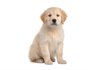 A charming golden retriever puppy with soft fur and soulful eyes sits patiently on a white background, looking directly at the camera with adorable innocence.