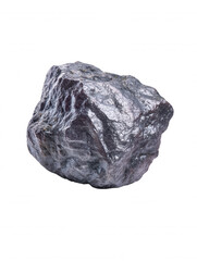 Obraz premium A dark, slightly glitte, and irregularly shaped piece of hematite ore floats against a clean white backdrop, showcasing its textured surface and metallic sheen.