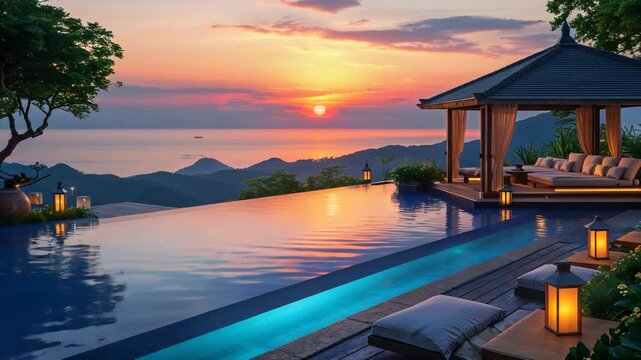Luxurious infinity pool at sunset offers breathtaking ocean views with a relaxing gazebo setting in paradise