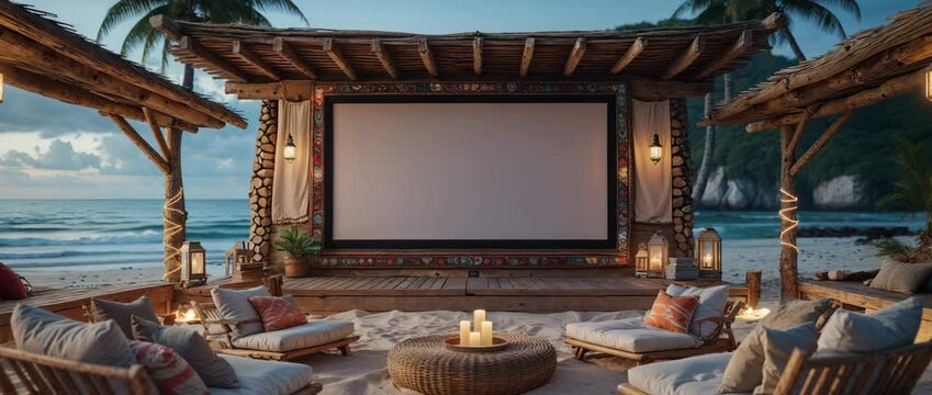 Luxurious outdoor cinema experience on a tropical beach setting with cozy seating and lanterns at dusk