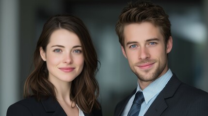 Two confident young professionals in formal attire. Portraying ambition and professionalism in the modern workplace.

