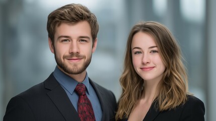 Two confident young professionals in formal attire. Portraying ambition and professionalism in the modern workplace.

