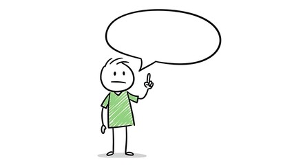 Cartoon stick figure raising index finger with a blank speech bubble isolated on white background.