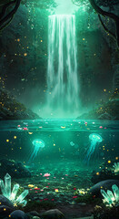 Enchanted waterfall cascading into a crystal-clear lake with jellyfish  