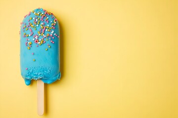 Over pale yellow setting one tiny blue popsicle with a stick pointing erect depicts a cool summery delight delish food space, Generative AI.