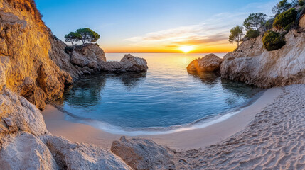 Fototapeta premium Serene beach scene featuring hidden coves illuminated by soft twilight light, showcasing