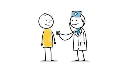 Cartoon doctor listens to patient's heart with stethoscope, showing healthcare and well-being,