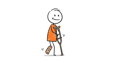 Cartoon stick figure smiling while walking with crutches and a bandage on his injured foot.