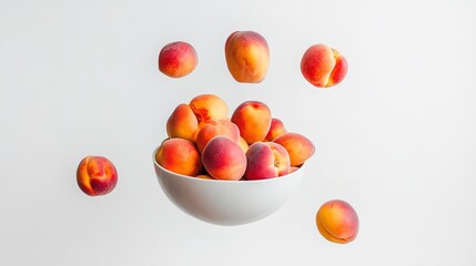 A arrayed dish of vivid ripe peaches rises in motion over a stark white setting depicting summery vitality and organic goods, Generative AI.
