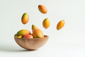A arrayed dish of vivid ripe mangoes rises in midair over a stark white setting depicting summery vitality and organic goods, Generative AI.
