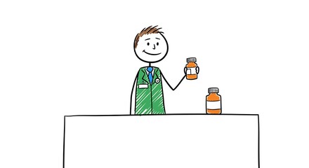 A cartoon doctor holds out a bottle of pills while standing behind a counter on white backgorund
