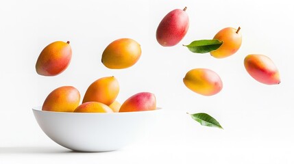 A arrayed dish of vivid ripe mangoes rises in midair over a stark white setting depicting summery vitality and organic goods, Generative AI.