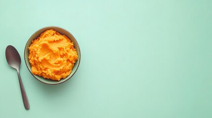 A sphere tiny ceramic dish laden with mashed sweet potato and metal spoon over pale green setting lovely hue delish food space, Generative AI.