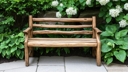 Rustic wooden bench surrounded by lush greenery and blooming flowers, creating serene atmosphere