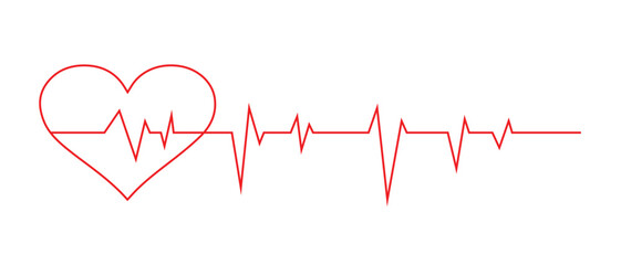 Heart beat graph in red color with love symbol. Heart pulse, heartbeat line in red. Heartbeat design vector. World heart day. Red heartbeat line graph icon on white background.