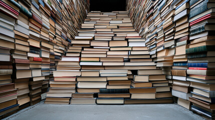 Fototapeta premium Winding staircase made of stacked books leads upward, creating unique and inviting atmosphere