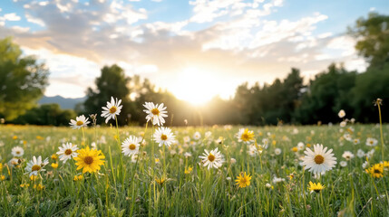 Sunset over field of wildflowers, showcasing vibrant daisies and lush greenery