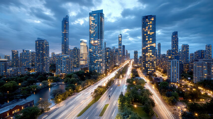 Fototapeta premium Urban skyline glowing under evening sky, showcasing vibrant city life and architecture