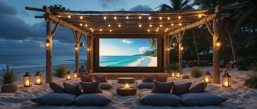 Serene outdoor cinema experience on a tropical beach offers a relaxing evening entertainment under the stars