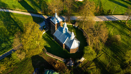 Aerial drone view of Orthodox Church of the Care of Our Lady in Zdynia, Poland.