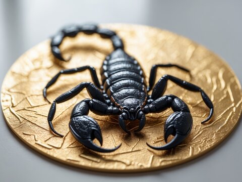 Black Scorpion on a Gold Medallion, a Detailed and Elegant Composition.