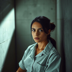 Fototapeta premium Woman Confined in a Narrow Space – Hyperrealistic Portrait of Emotional Restraint