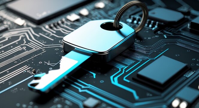 Digital Key on Motherboard, Cyber Security Concept, System Protection and Access