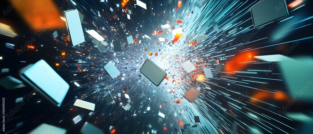 Poster a dynamic abstract representation of digital fragmentation, showcasing vibrant colors and shapes exp