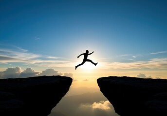 Overcoming Obstacles Silhouette of a Person Leaping Across a Gap at Sunset