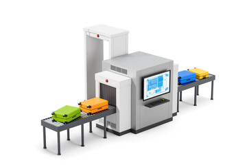 Airport security baggage check machine scanning colorful suitcases on conveyor belt with X-ray screen display. Concept of travel safety. 3D Rendering