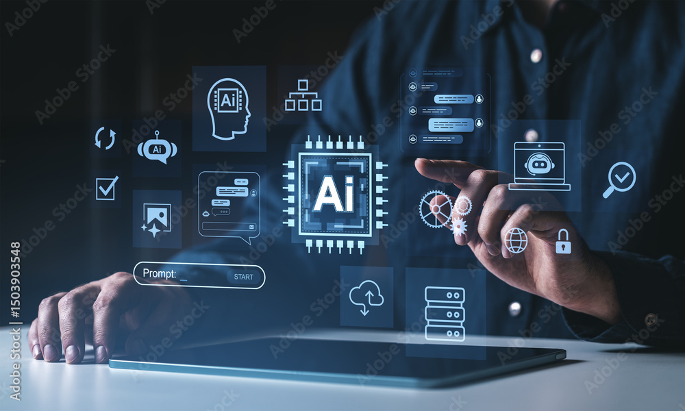 Poster futuristic user interface with artificial intelligence icons and digital elements displayed as a per