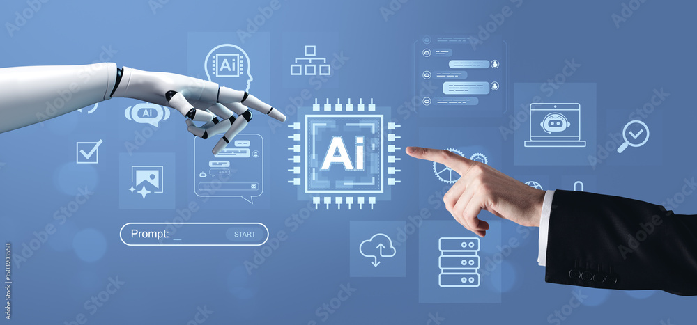 Poster human and robot hands pointing towards ai symbol with digital interface icons on blue background rep