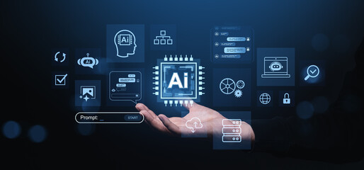 Human hand presenting futuristic AI technology interface with digital icons on a dark blue tech-themed background for innovation and automation concept.