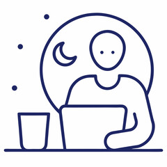 Freelancer working at night with coffee outline icon on white background