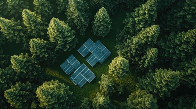 Solar panels situated amidst a dense forest.