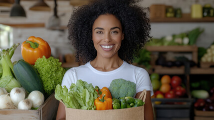 Fresh produce, woman smiling, reusable shopping bag, healthy lifestyle, vibrant colors