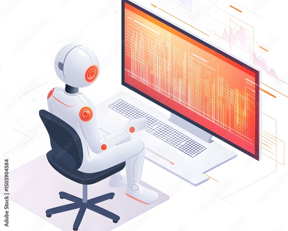 Poster a modern robot interacts with a computer screen, displaying data and analytics