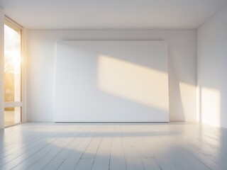 Bright, minimalist room with a large blank canvas and wooden floor bathed in sunlight.