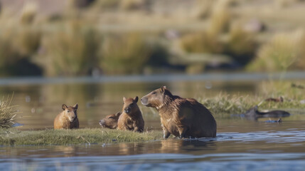 Capybara family swimming together in natural wetland habitat.