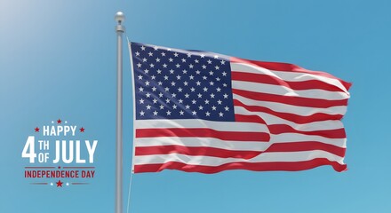 American Flag Waving, Independence Day Message, Patriotic Symbol, Blue Sky Background