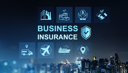 Business insurance concept with glowing icons representing various industries and logistics protection on a nighttime cityscape background.