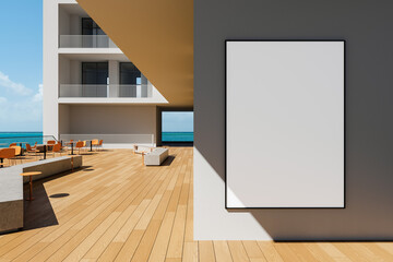 Blank vertical poster mockup on clean wall in modern outdoor terrace with ocean view and contemporary furniture under bright sunlight. 3D Rendering
